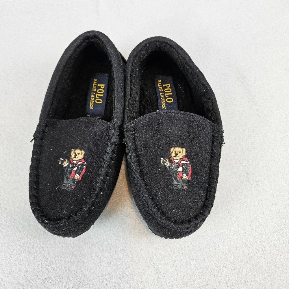 Polo Ralph Lauren Kids Boys Sherpa Lined Slippers Size 13 Loafer Slip-On Bear